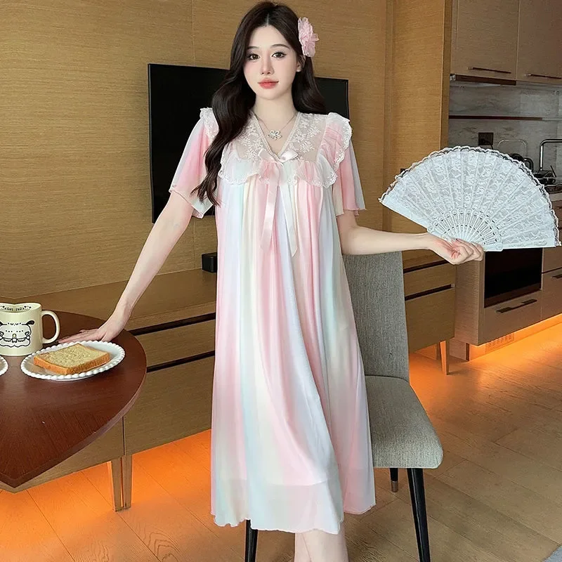 Female Dress Nightgowns  Sleepwear Sexy Lace Princess Nightwear Dress Nightshirts Vintage Palace Nightgown Loose Casual Homewear