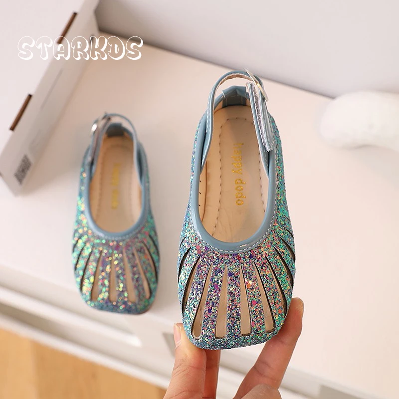 Peacock Blue Glitter Slingback Sandals Baby Girls Luxury Bling Cut Out Ballet Flats Toddler Child Soft Sole Party Mermaid Shoes