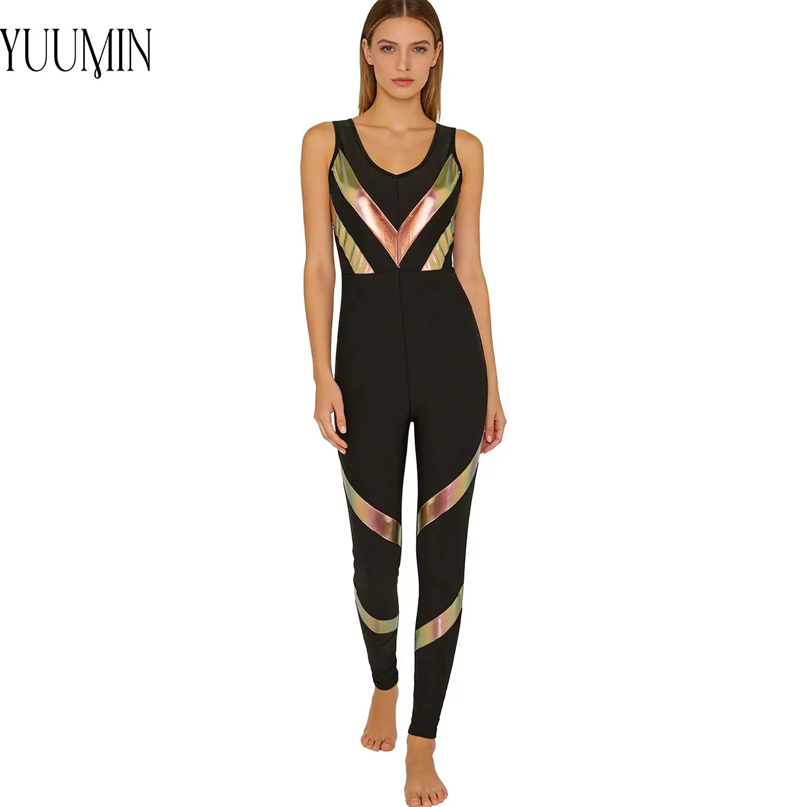 

S-XXL Women Metallic Stripe Color Block Yoga Jumpsuit Sleeveless V Neck Workout Bodysuit Full Body Dance Leotard