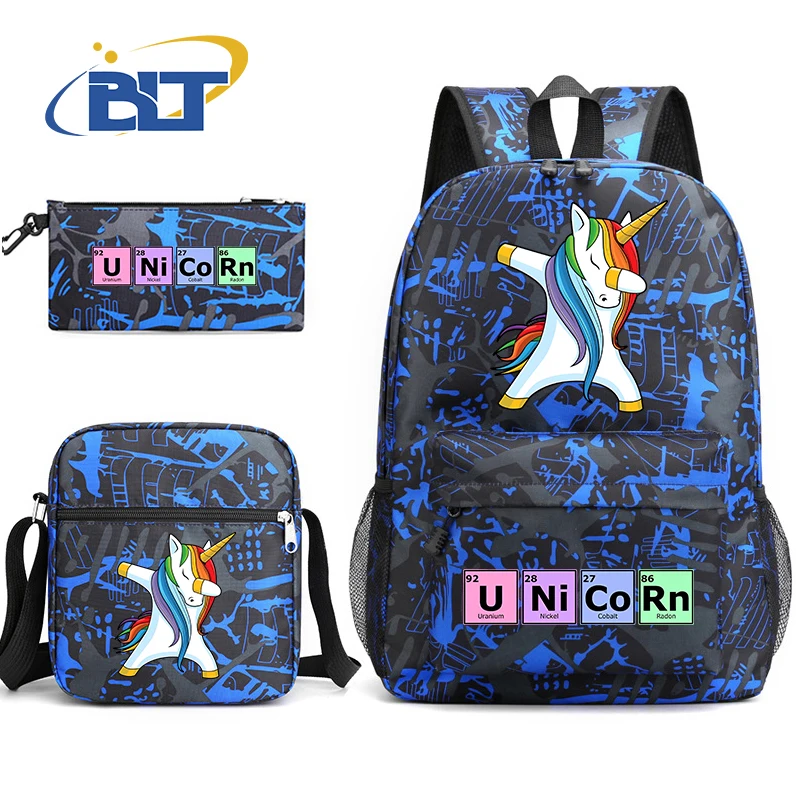 Cute Unicorn Print Backpack Set, Student School Bag, Shoulder Bag, Pencil Case, Kids Gift, Casual, 3 pcs