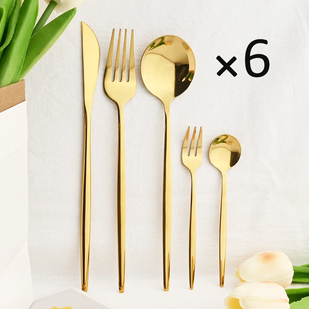 

30Pcs Gold Dinnerware Set Western Knife Cake Fork Spoon Flatware Cutlery Set Mirror Stainless Steel Tableware Kitchen Silverware