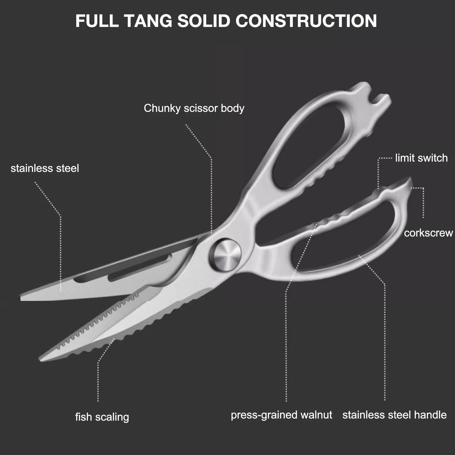 All-steel Full Tang Kitchen scissors chicken bone scissors stainless steel multi cut vegetables kill fish barbecue scissors