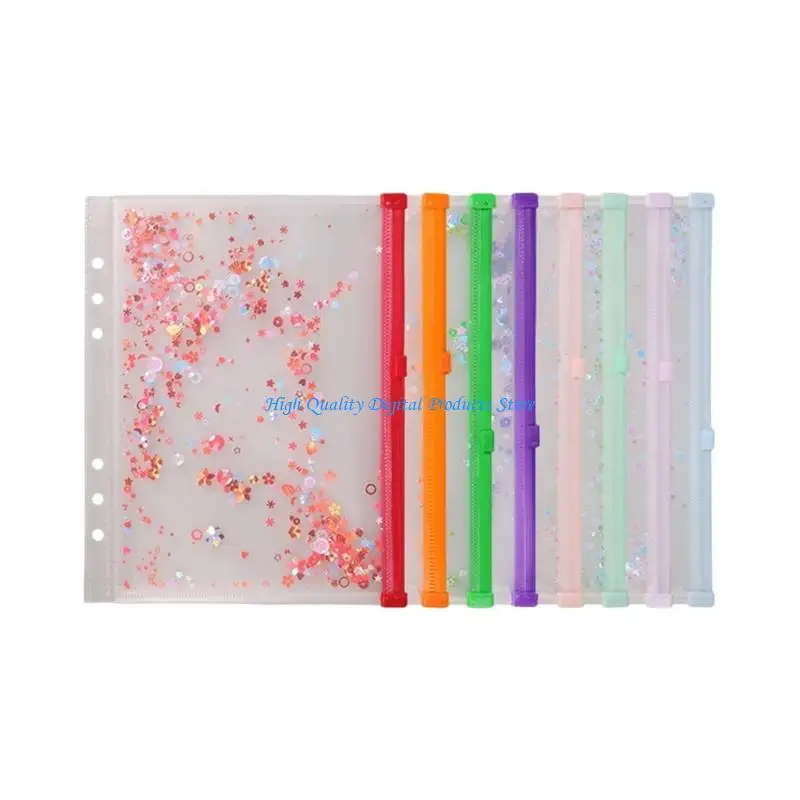 U2JE 8Pcs Clear Plastic File Bag With Punched Hole Decorative Zippered Document Envelope File Organiser Pouches for Office