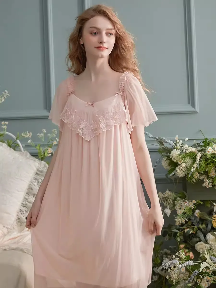 Vintage Modal Gauze  Nightgowns For Women Deliacate Embroidery  Princess Solid Color Sleepwear Loose Royal Spring Summer Dress