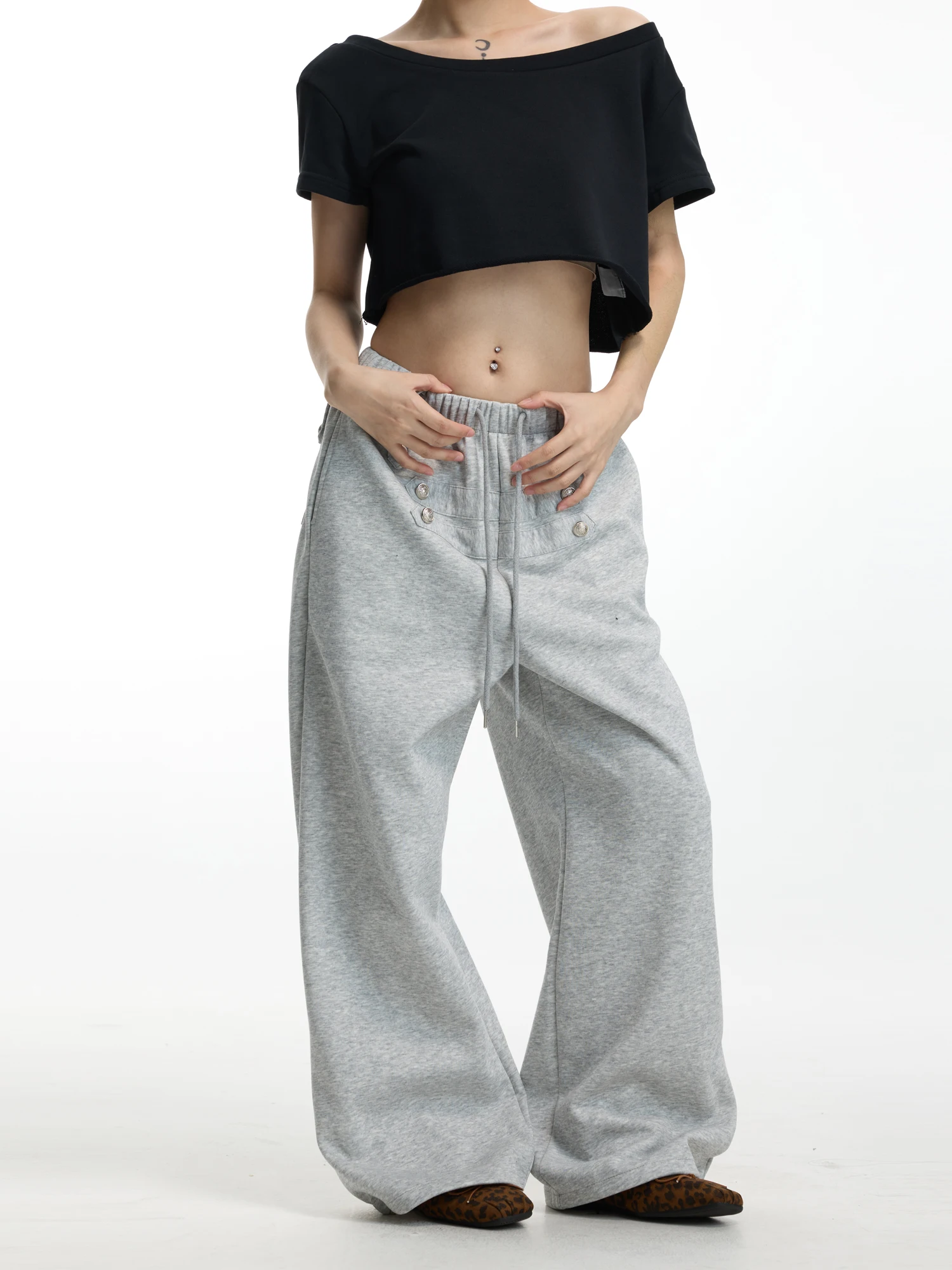 Unisex Loose Straight Leg Sweatpants Grey French Napoleon Design Casual Comfortable Cotton Elastic Waist Hip Hop Style