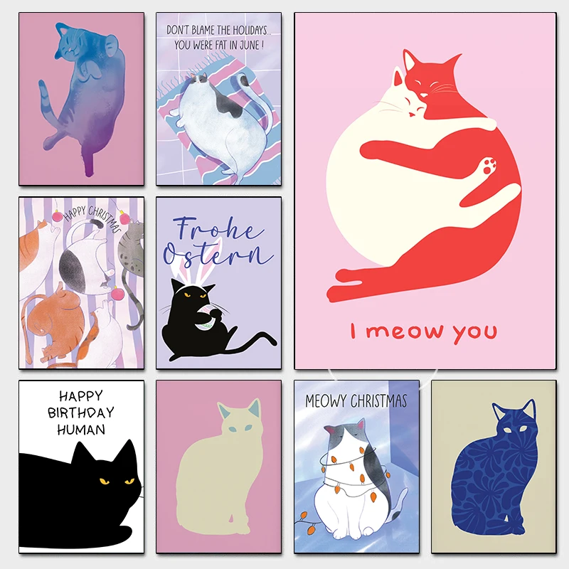 Modern Cute Lazy Cats Poster Funny Cat Enthusiasts Relaxing Minimalist Prints Canvas Painting Girly Wall Picture Home Room De