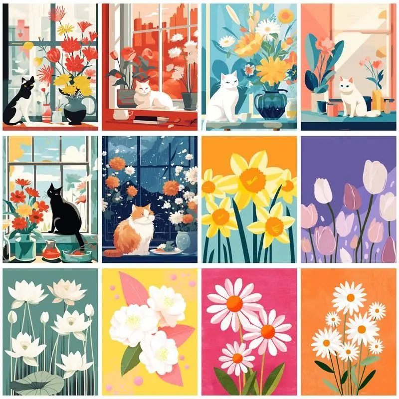 

CHENISTORY Paint By Number Cartoon Cat And Flower Drawing On Canvas DIY Pictures By Numbers Kits Hand Painted Painting Home Deco