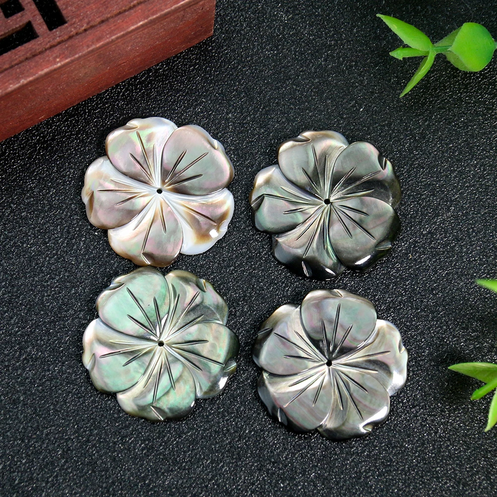 Dazzling Laser Grinding Sun Flower Bauhinia Real Black Mother of Pearl Shell Single Hole Button Jewelry Pendant Charms Accessory