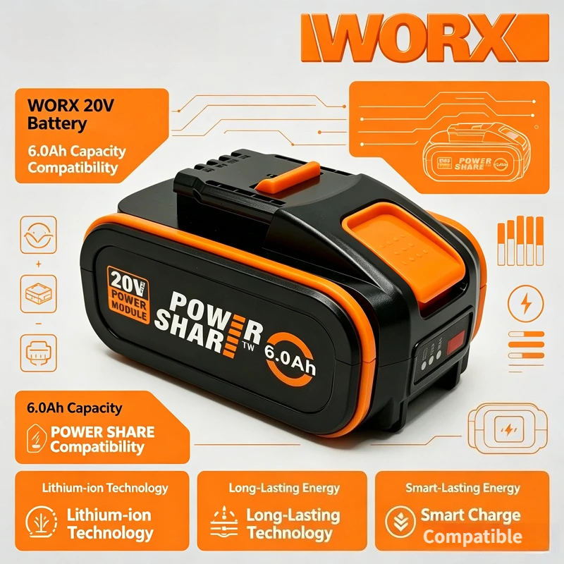 New WORX 20V 4.0/6.0/8.0Ah Lithium-ion Battery,For WA3023 WA3054 WA3406 Extended Service Life Rechargeable Power Tools Battery