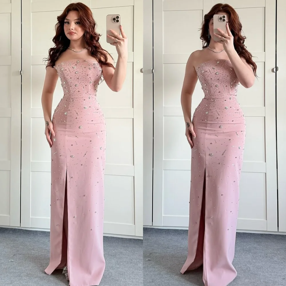 Vestido de fiesta de Jersey rosa elegante/gragico personalizado, vestido clásico sin tirantes de cristal con gradas, vestido de sirena con cremallera en la espalda