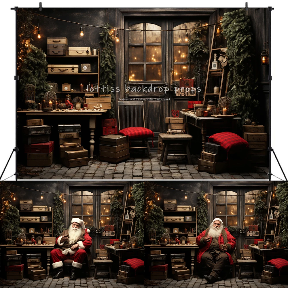 Santas Studing Room Backdrop Kids Adult Photography Child Baby Birthday Props Trees Gifts Christmas House Backgournd image 4