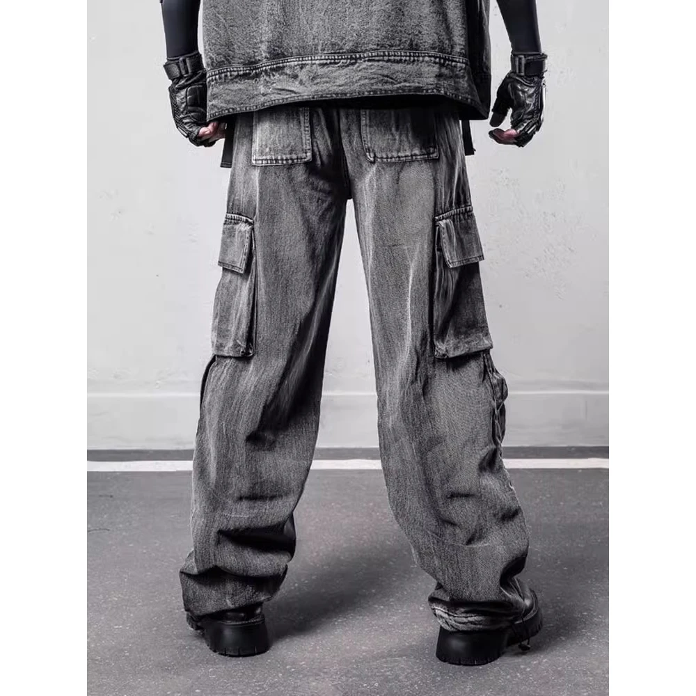 Vintage Tactical Hole Ripped Jeans Baggy Straight Jeans Trousers Streetwear Distressed Denim Pants Male Y2k Hombre