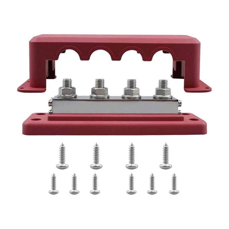 For car-For Marine Boat RV Car Truck Compatible 600A 4-Way Busbar Red Heavy Duty Power Distribution Block With M10 Studs