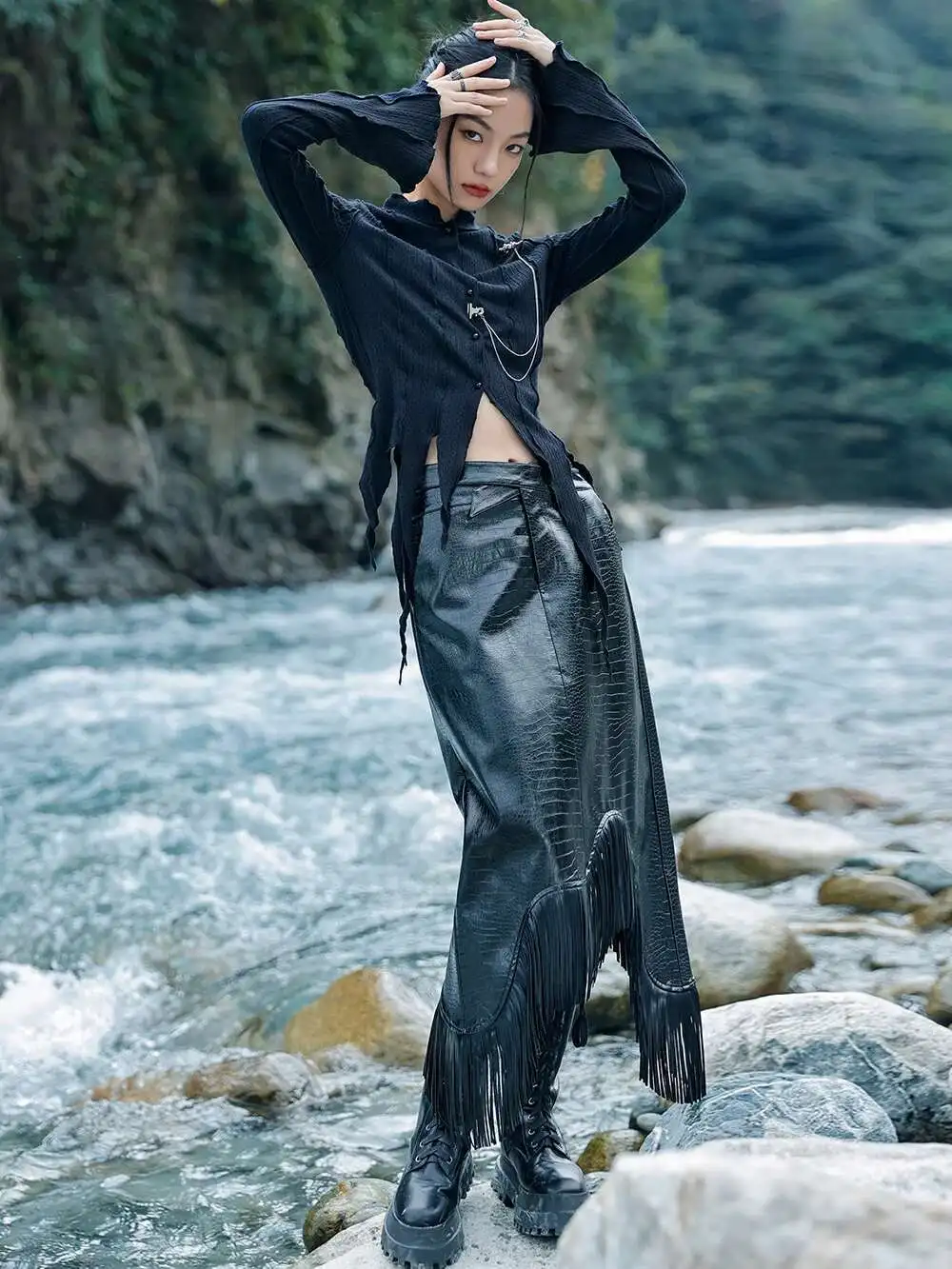 UMI MAO Retro Sweet Cool Tassel PU Leather Skirt For Women Spring High Waist Style Irregular Hip Wrap Skirt Femme Y2K