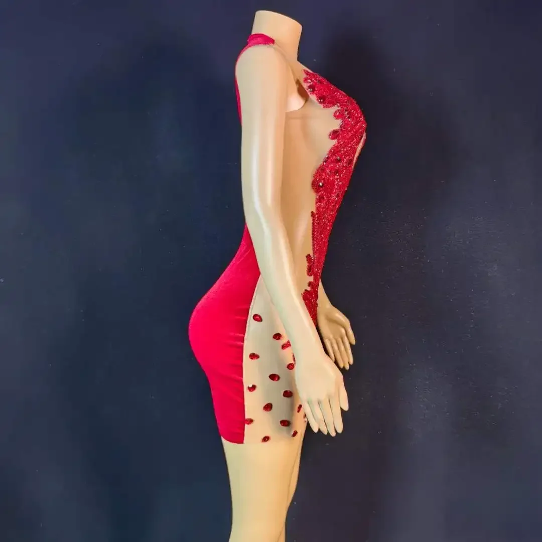 Sukienka z siateczki, zdobiona czerwonymi kryształkami, dla kobiet, na urodziny, dla showgirl, piosenkarki, na imprezę, bez rękawów, aksamitna, kostium sceniczny, DS, drag queen.