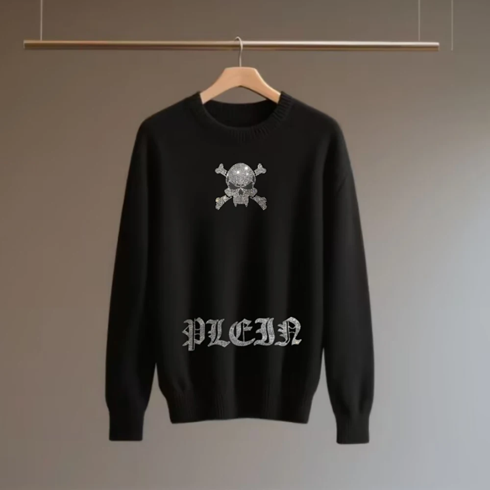 Trendy Men's Sweater Black Slim Fit Skull Rhinestone Gothic Streetwear Long Sleeve Pullover Hot Sale Winter Fashion Top Clothing