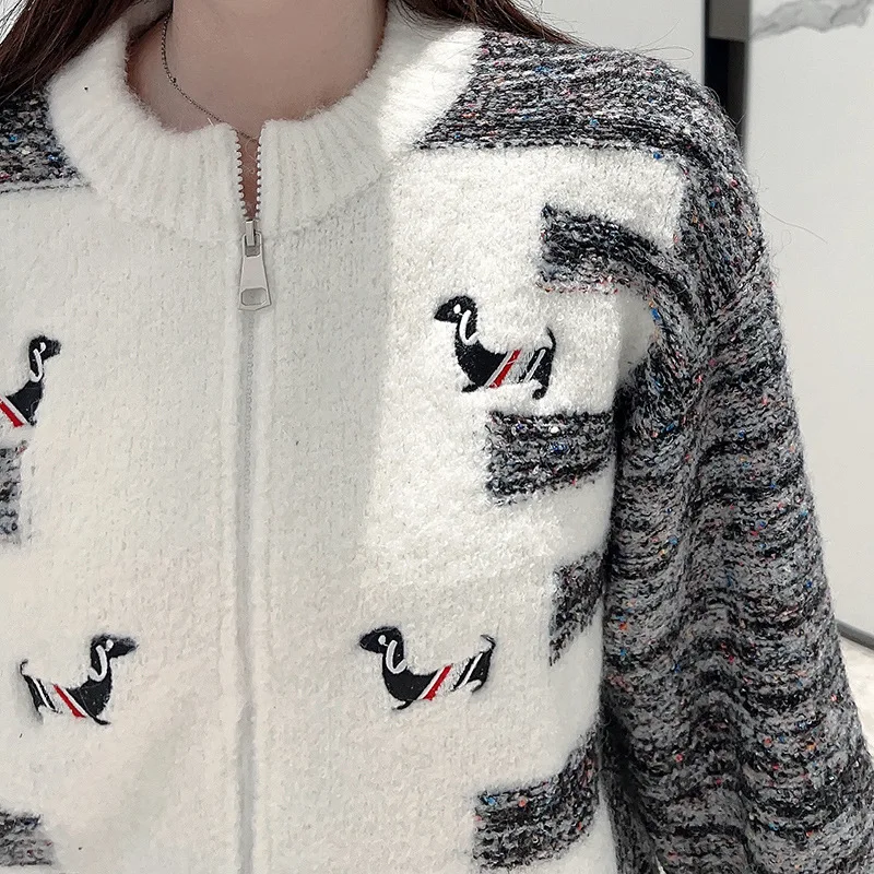 Striped Puppy Embroidery Double Zipper Wool Knit O-neck Sweater Korean Elegant Cardigan Women's Jacket Fashion Brand Design Coat