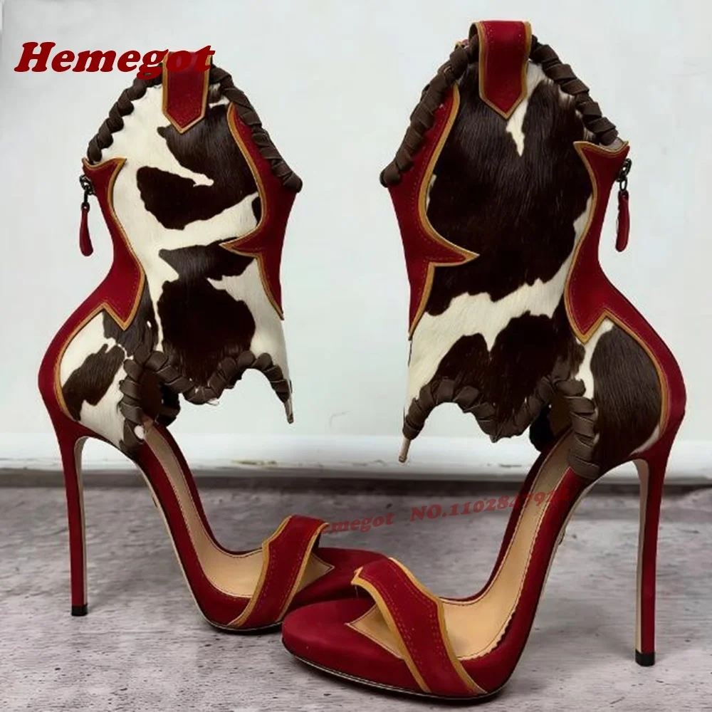 Leopard Colorblock Stiletto Heels Sandals Open Toe Fur Patchwork Women's Sandals Suede Splicing Sewing One Strap Luxury Shoes