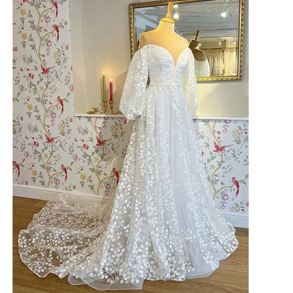 HEULORIA elegant Wedding Dress off shoulder puff sleeve A Line bride dress robe de mariee 3D floral  Bridal Gown