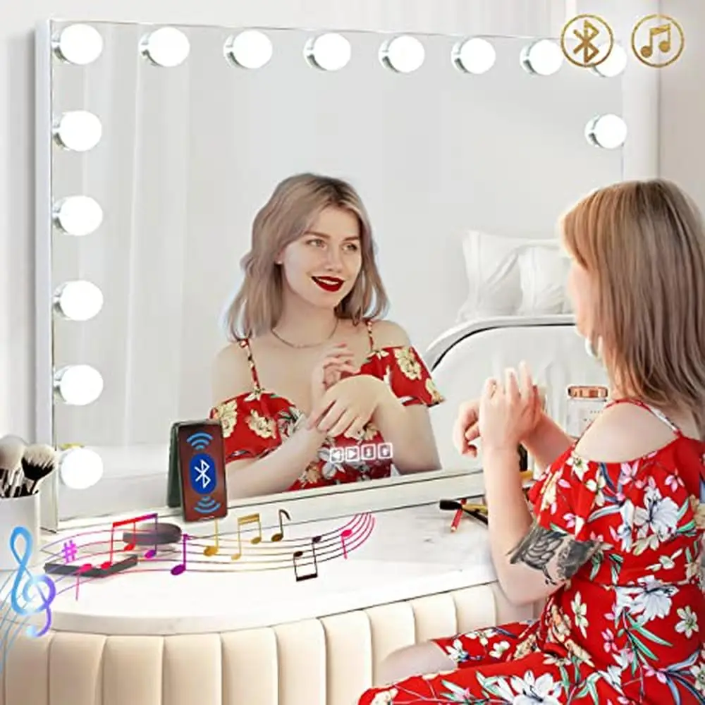 Bluetooth Vanity Mirror with 18 LED Bulbs 3 Color Lighting Options & 10X Magnifying  USB Charging  Wall Mountable