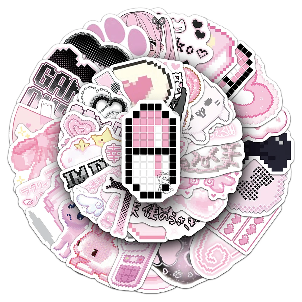 10/30/50pcs Pink Pixel Goth Girl Aesthetic Stickers Waterproof DIY Skateboard Phone Luggage Helmet Cute Cartoon Graffiti Sticker