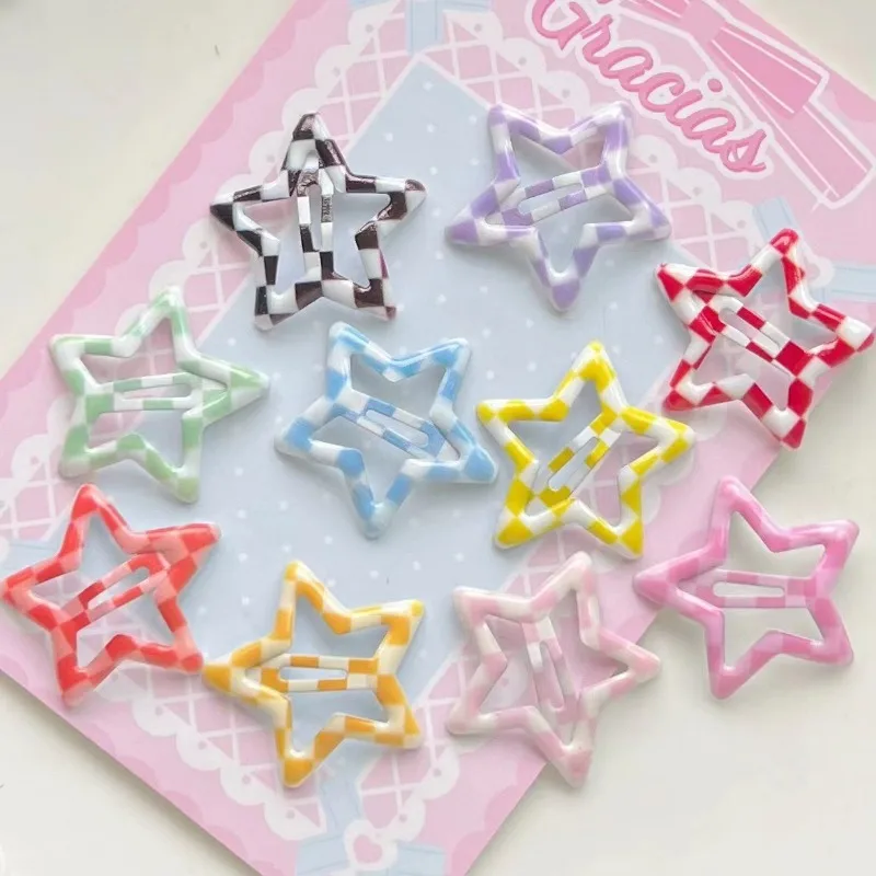 Colorful Star BB Hair Clips Y2K Women Grils Cute Metal Star Grid Hairpin Side Barrettes Hair Grip Headwear Gift Hair Accessories