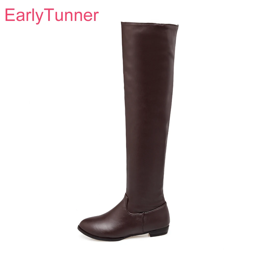 Brand New Winter Sales Sexy Women Thigh High Boots Black Brown Beige  Lady Nude Shoes Low Heel ECT18 Plus Big size 10 45 43