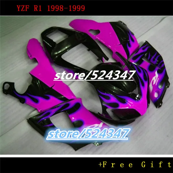 Hey-Custom road/racing 100% fit  fairings kit for 1998 1999  YZF R1 98 99 YZFR1 purple flame aftermarket fairing kits for Yamaha