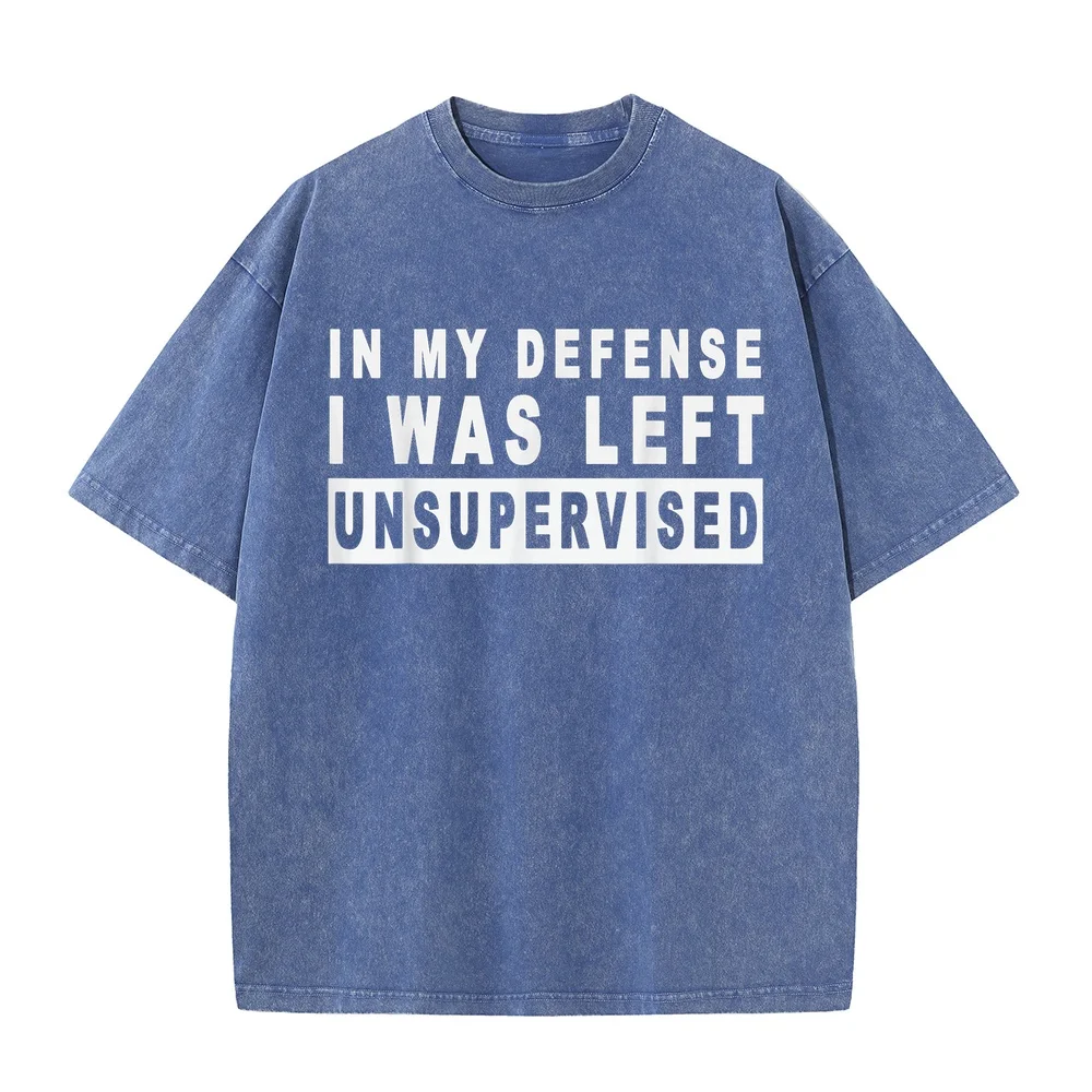 Funny In My Defense I Was Left Unsupervised Short Sleeve T-Shirt 남자 Man T Shirt Graphic Printed Quote Humor Summer Cotton Tee