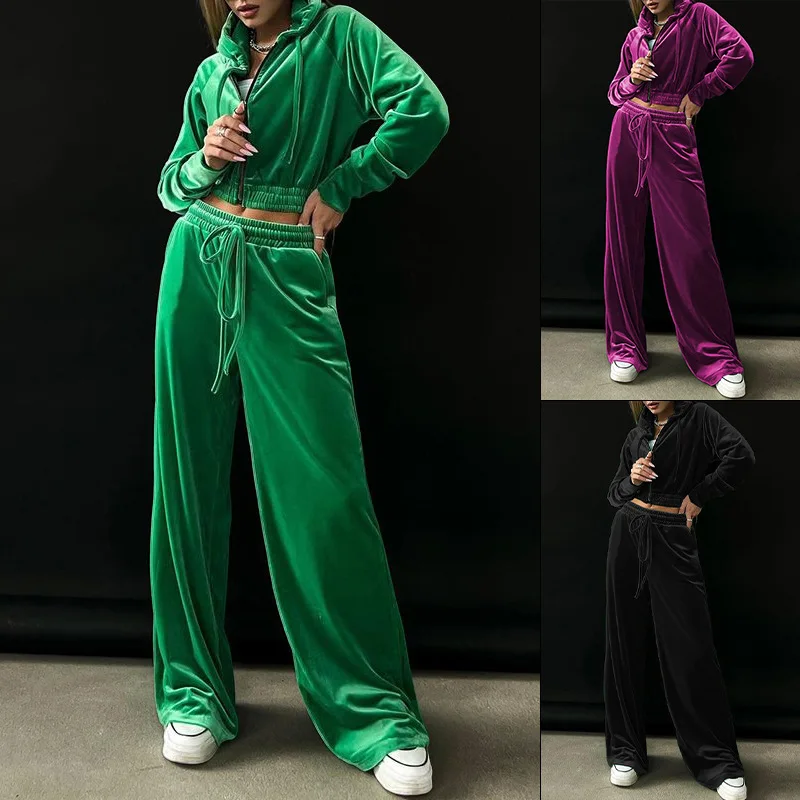 

Corduroy Sports Casual Pants Set Women Two Piece Sets Fashion Hooded Hoodie Sweatshirt and Wide Leg Pants Suit Female Sports Set