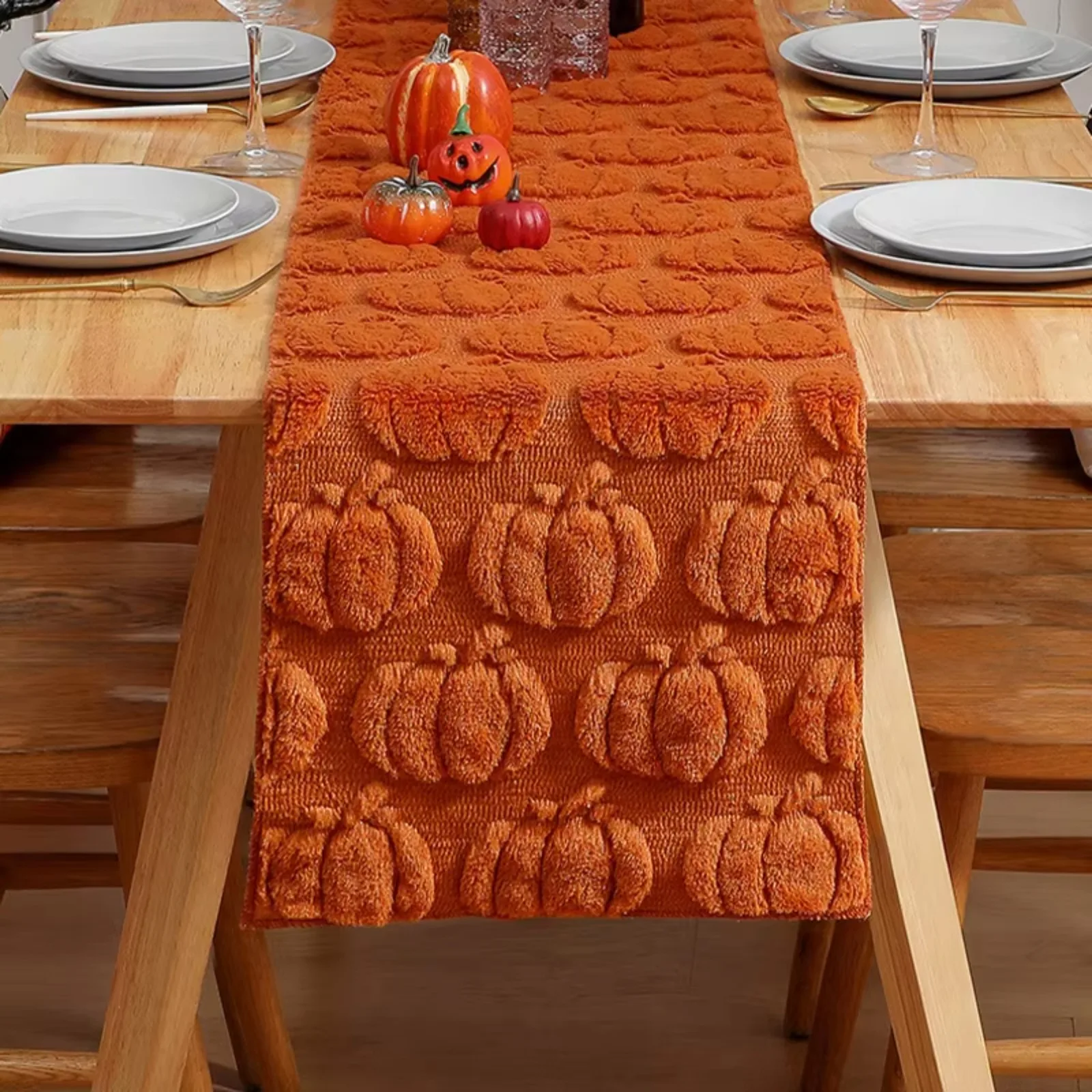Halloween Table Runner Rustic Pumpkin Ghost Print Harvest Accent Dining Table Fall Party Thanksgiving Fun Decoration Centerpiece
