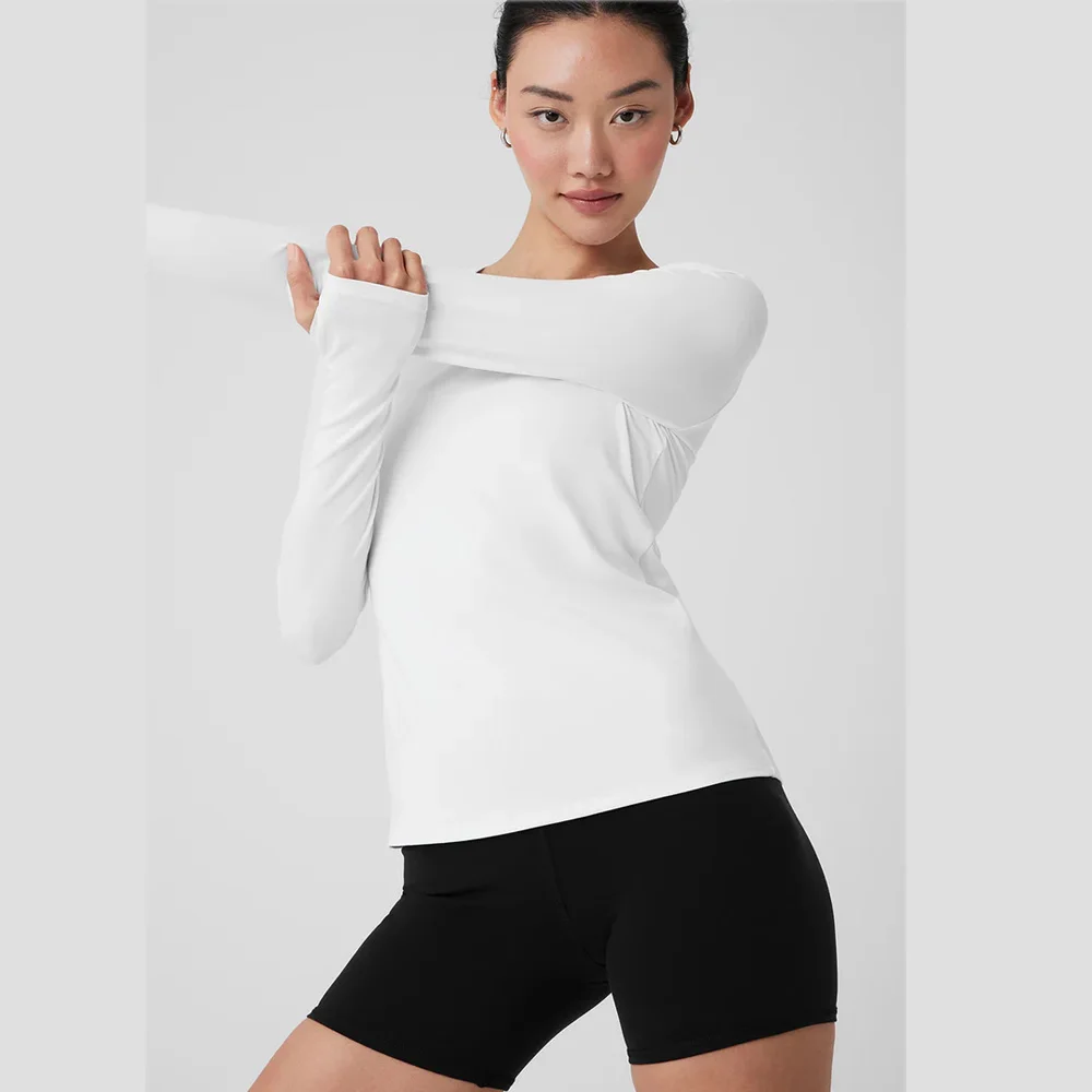 Haut de yoga nu à manches longues pour femme, tissu doux, haut de fitness serré, haute élasticité, course à pied, sport