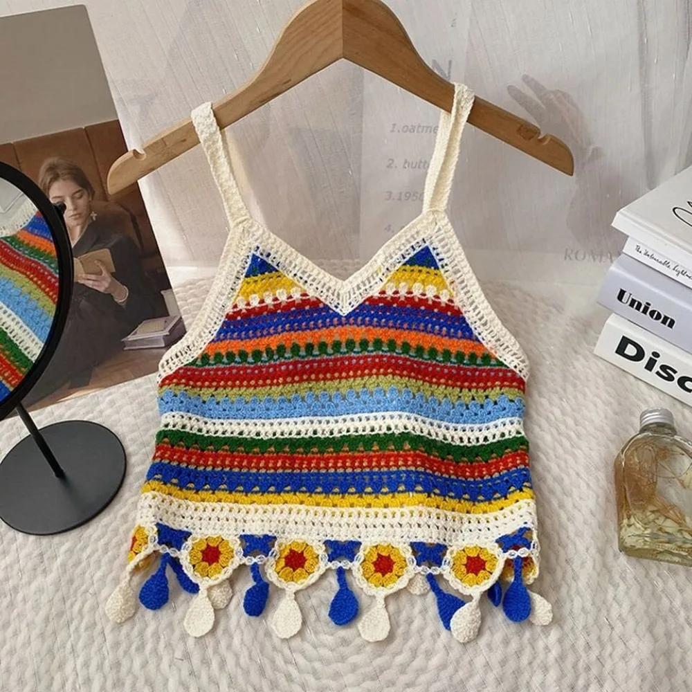 Moda Hollow Stripe Camisole Bez rękawów Dzianinowe Tank Unikalne Szydełkowe Topy Plażowe