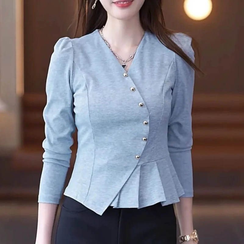 

Women Clothing Korean Fashion Ruffled V Neck Slim Asymmetrical T-shirt Office Lady Elegant Chic Solid Long Sleeve Commute Tops