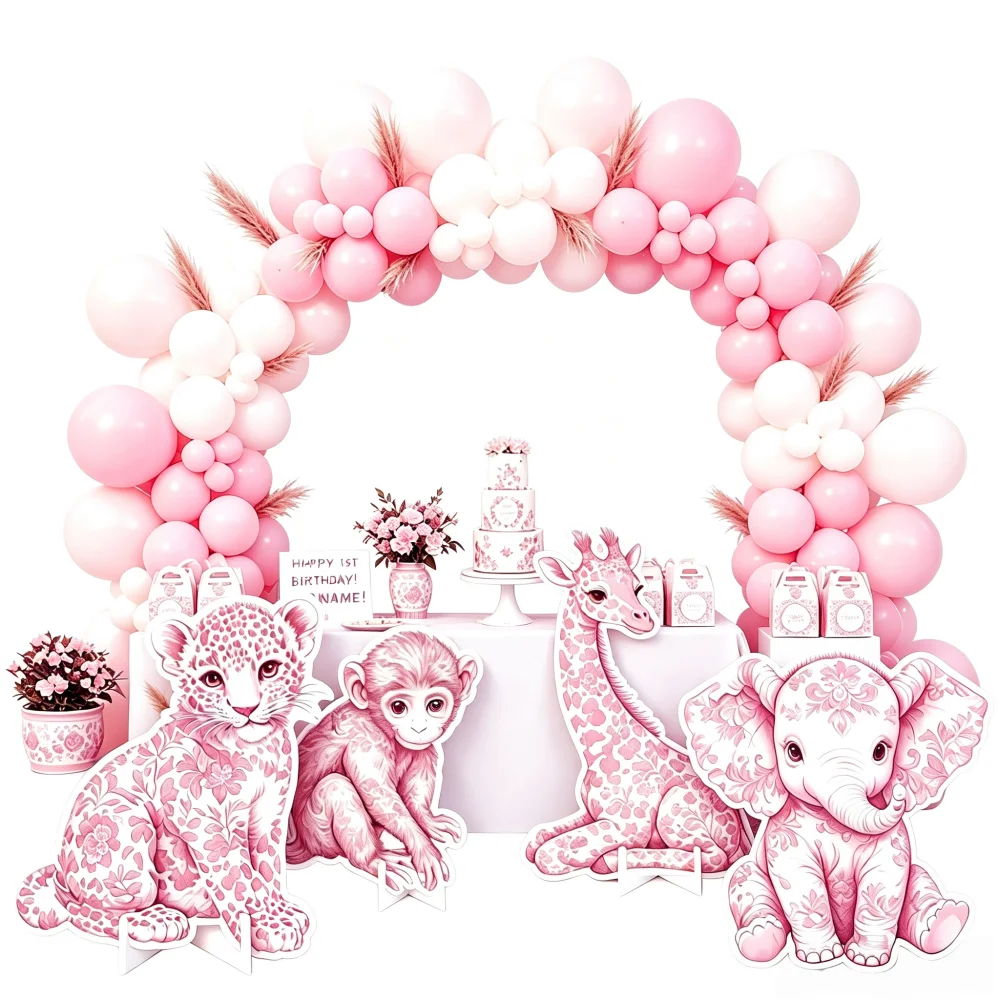 Rosa Toile De Jouy Safari-Tier-Ausschnitt, Chinoiserie KT Schaumstoffplatte, Dschungeltier-Standdekoration für Mädchen-Baby-Shower-Party-Deko