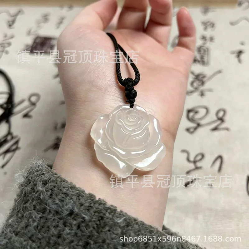 

Yellow Purple Agate Rose Flower Pendant White Chalcedony Hanging Necklace Gemstone