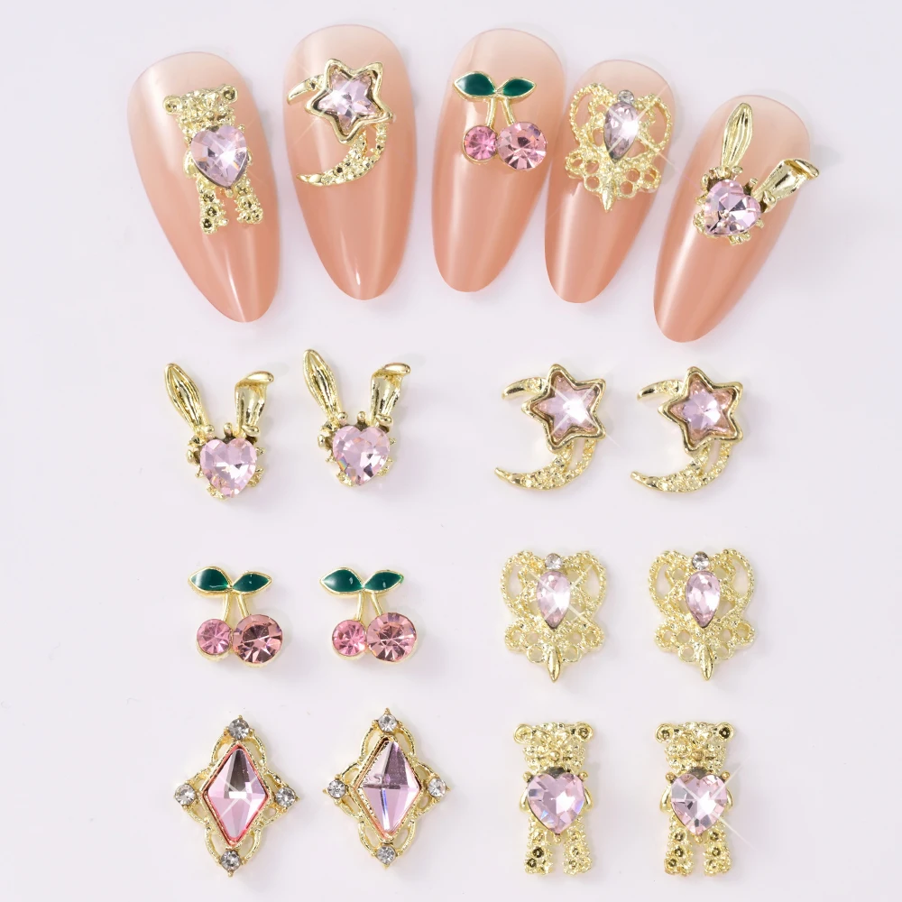 30 قطعة من زينة الأظافر الكريستالية على شكل قلب وردي وكرز، حلي ثلاثية الأبعاد من السبائك على شكل نجمة وقمر ودب وأرنب، ماسة لتزيين الأظافر والمجوهرات
