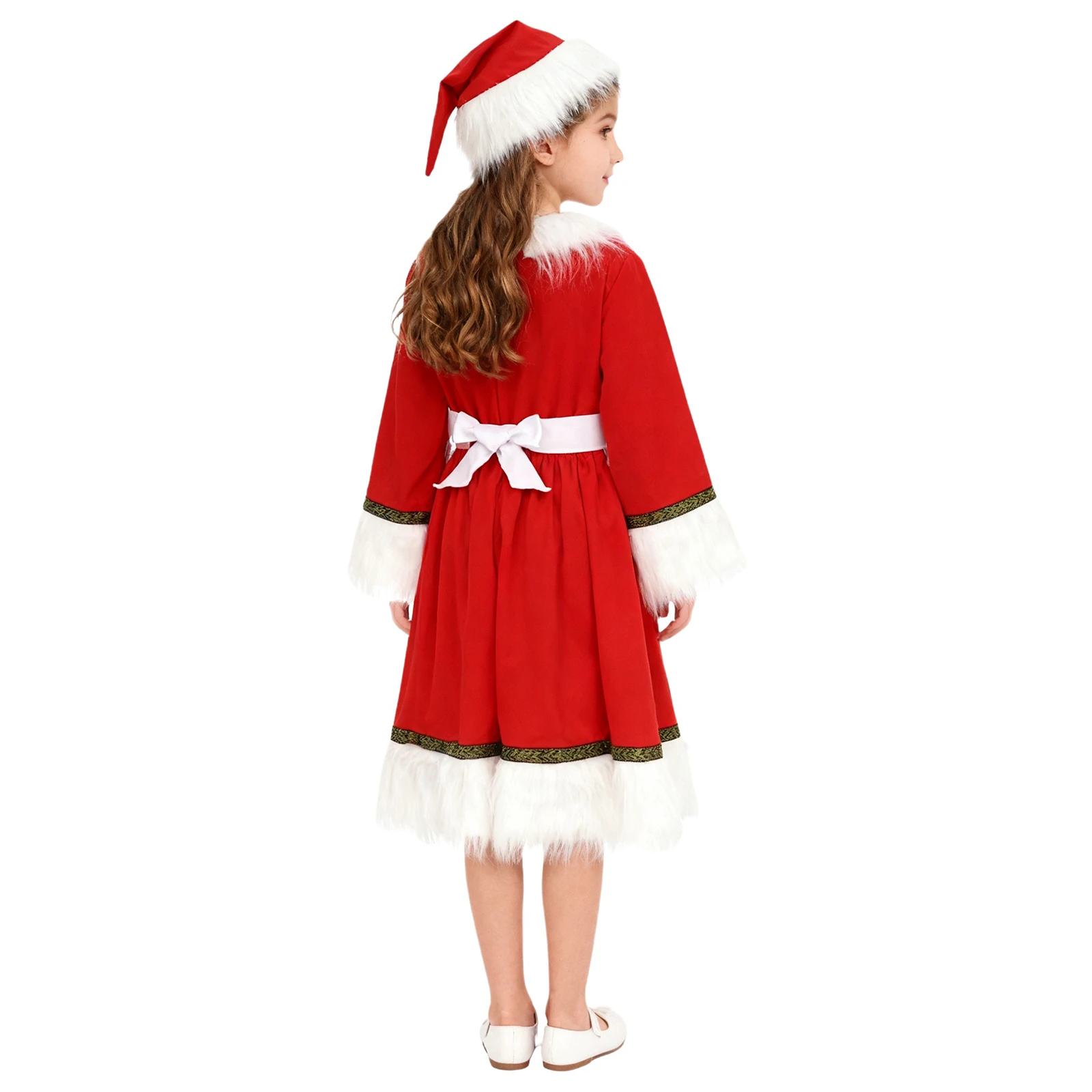أطفال بنات سانتا كلوز زي عيد الميلاد تأثيري فستان البدلة كم طويل زر تكدرت فستان أحمر مخملي مع قبعة المئزر وتتسابق #2
