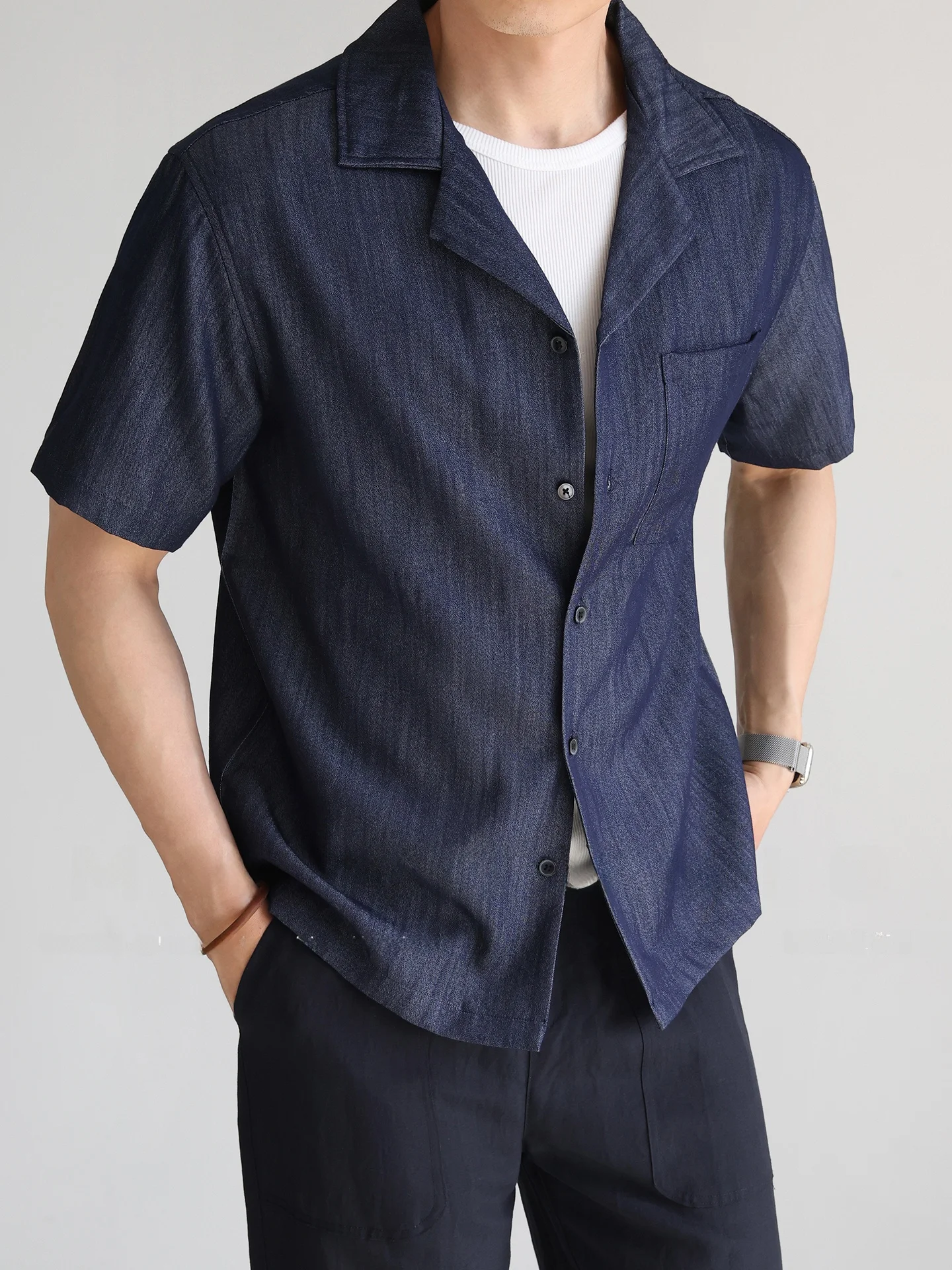 American Plaid Texture Cuban Collar Short Sleeve Fake Denim Casual Loose Thin Breathable Cool Feeling Shirt for Men Summer