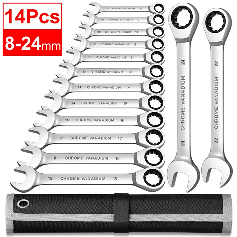 Ratcheting Combination Wrench Set,72 Teeth Box End Gear Spanner Wrench Bike Car Repair Hand Tool Set with Rolling Pouch