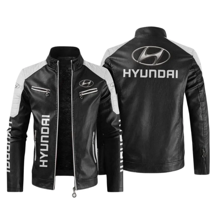 Fashion Men\'s Hyundai Car Logo Leather Jacket Stand Collar PU Coat Male Windproof Motorcycle Lapel  Zipper Outerwear