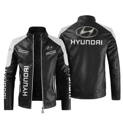 Veste en cuir avec logo de voiture Hyundai pour hommes, col montant, manteau en PU, coupe-vent masculin, moto, revers, fermeture éclair, mode