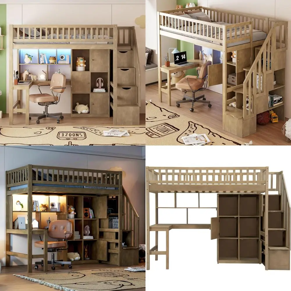 

Walnut Twin Loft Bed with Desk, LED, Storage, and Staircase