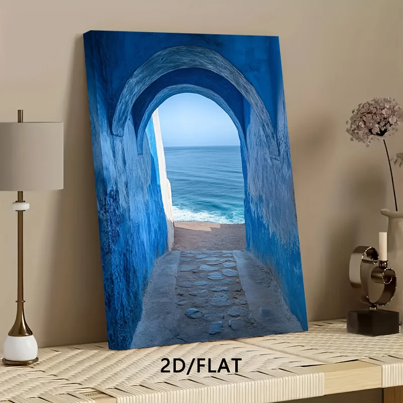 

2D Flat, 1pc Blue Arch Ocean View Canvas Wall Art - HD Printed Coastal Landscape with Wrapped Frame, Ready to Hang Indoor Decor