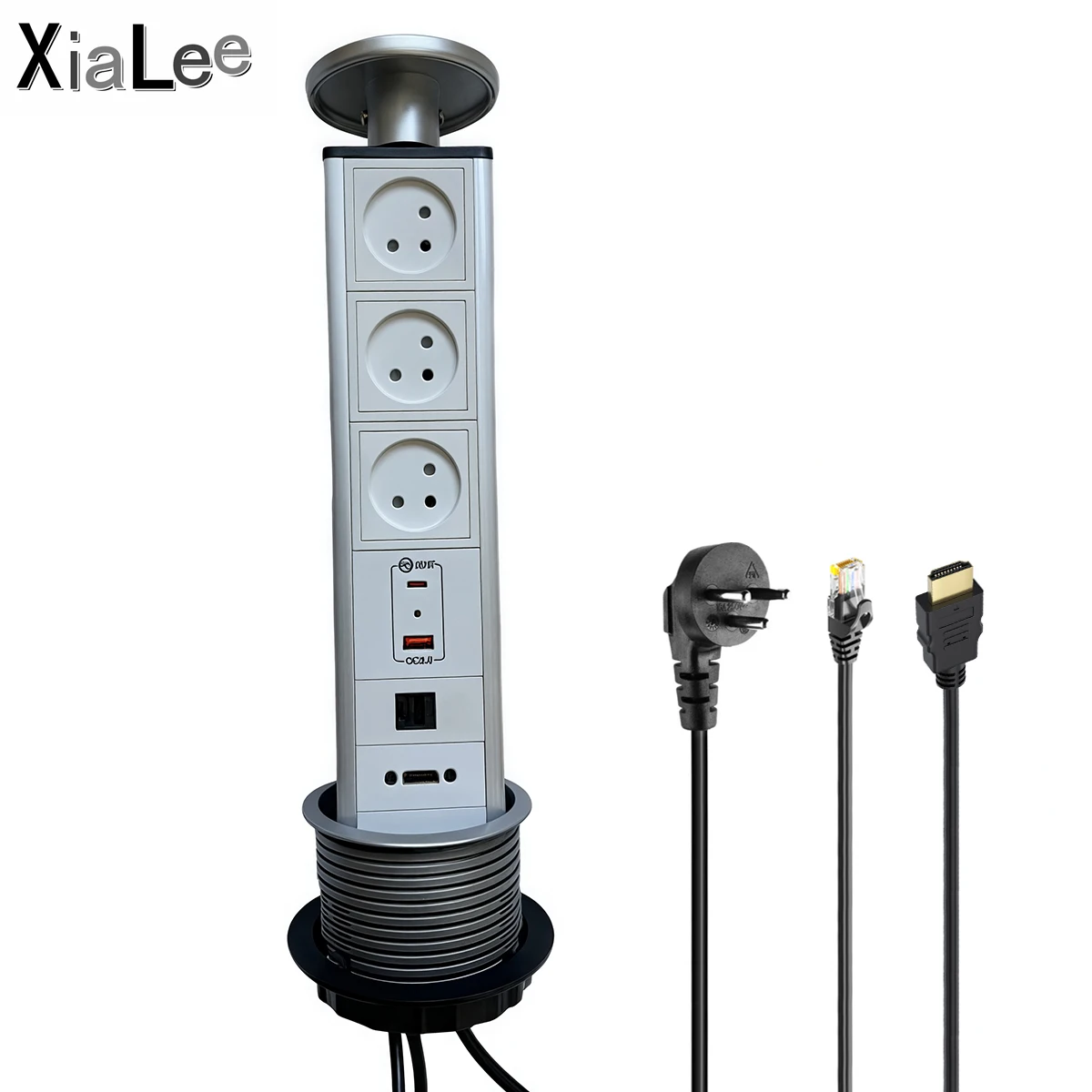 Manual Pull UP Lifting Table Socket Israel Standard 20W USB & TYPE-C Charger With CAT6 Internet Port + HDMI Jack Aluminum Body