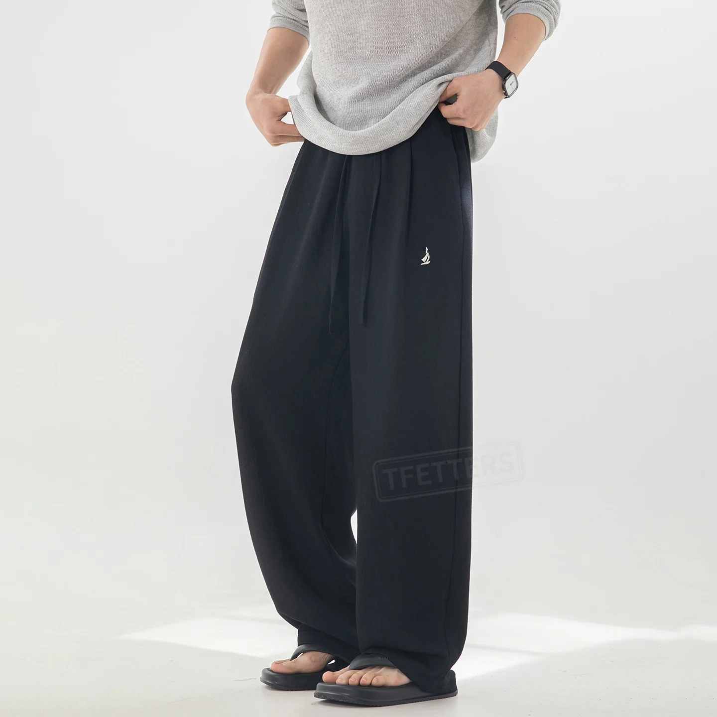 

TFETTERS 2026 Summer Men's Faux Linen Embroidered Casual Pants Drape Straight Oversized Loose Weekend Outing Trendy Male Pants