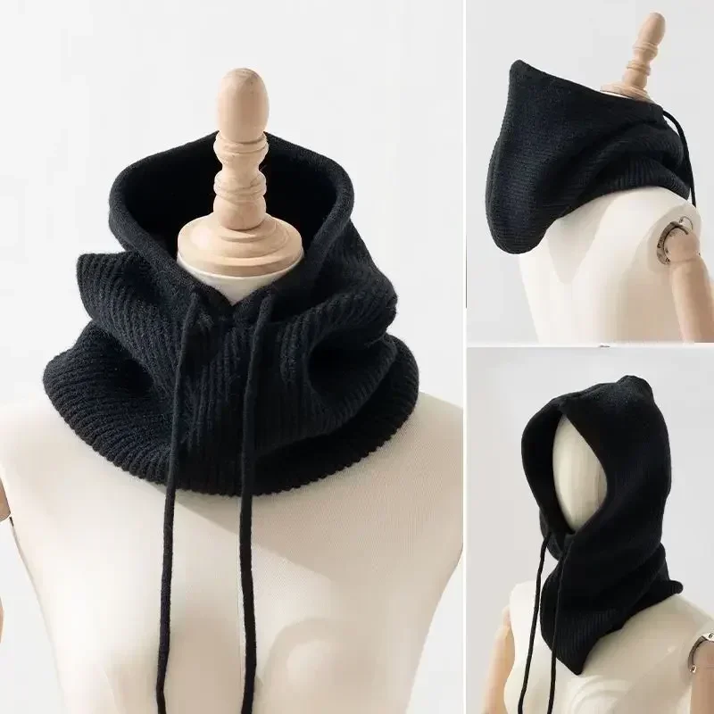 2024 Unisex Knitted Head Hood Faux Cashmere Hooded Neck Collar Cap Head Drawstring Thick Beanie Men&Women Adjustable Elastic Hat