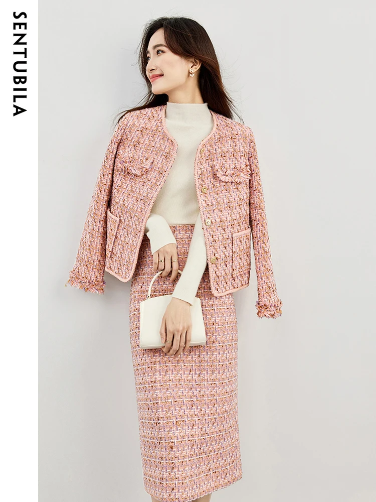 SENTUBILA Tweed Skirt Two Piece Set Women Outfit Autumn Elegant Tassel Jacket Midi Skirts New In Matching Sets Female 134Z52734