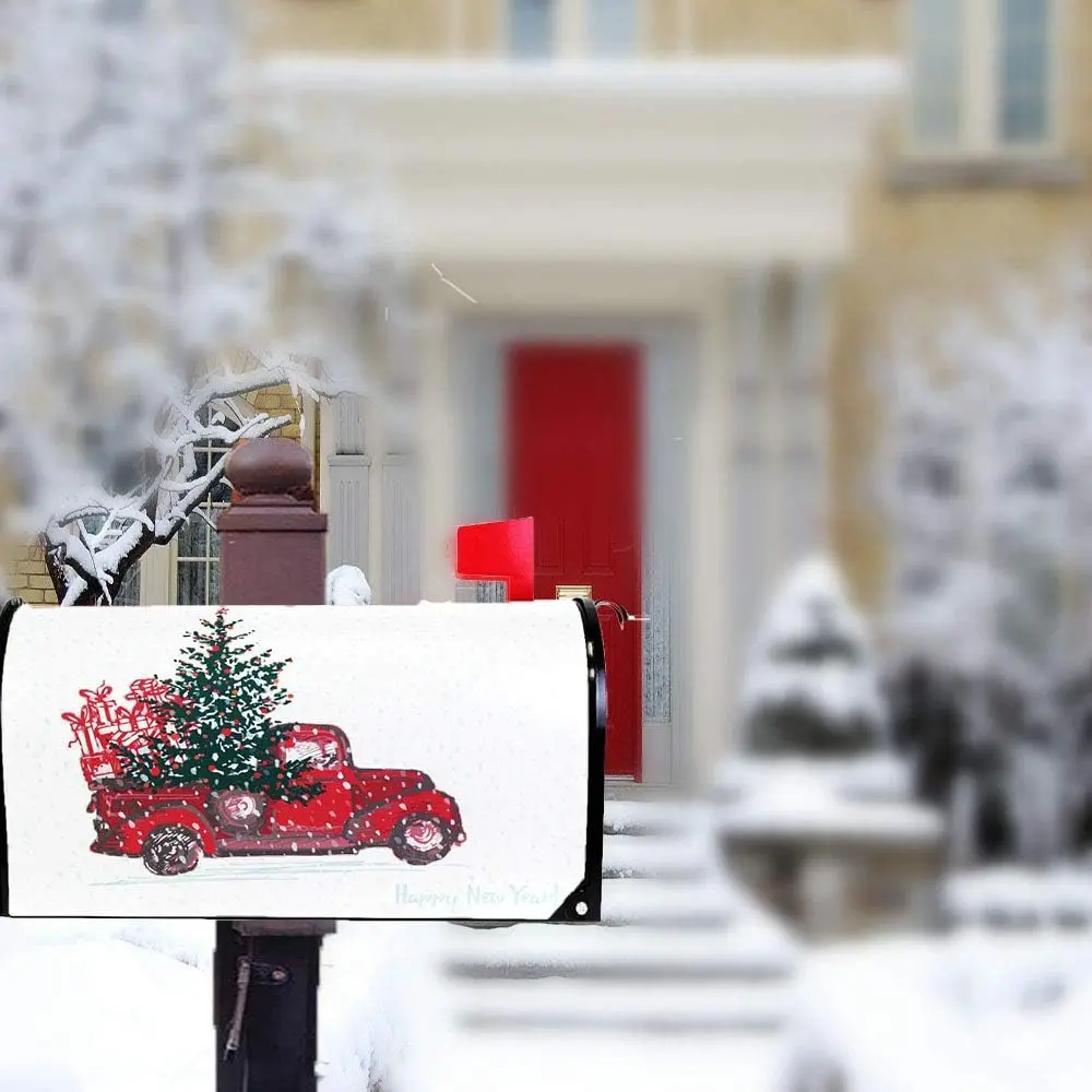 Christmas Red Truck Car Tree Snow Magnetic Mailbox Cover MailWraps Standard  Winter Happy New Year Mailbox Wraps Post Box