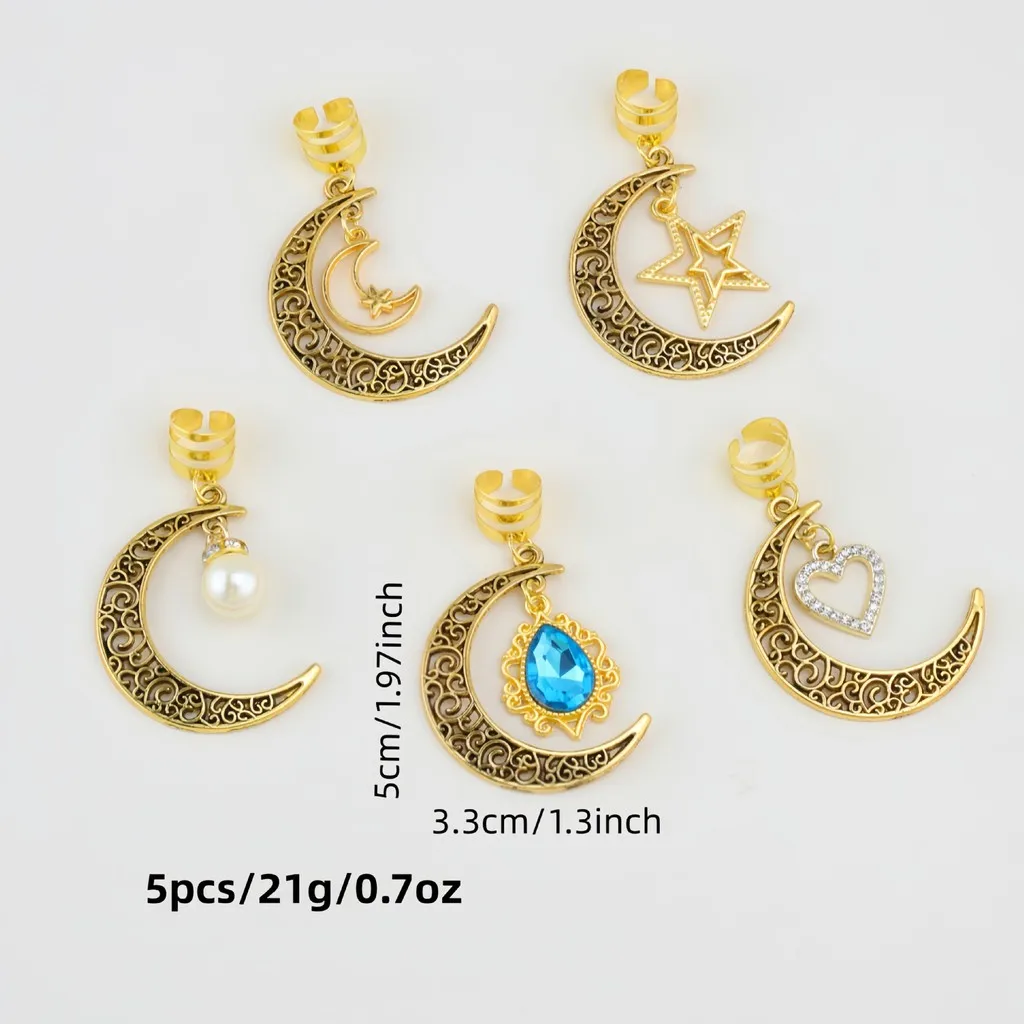 5Pcs/Set Stars Moon Combination Rhinestone Dreadlock Hair Rings Adjustable Vintage Braiding Jewelry Dreadlock Hair Clip